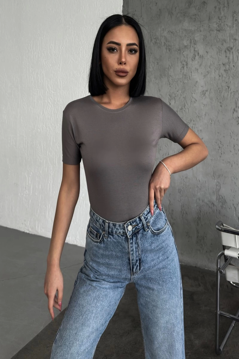 Rahat Ve Şık Kısa Kollu Bisiklet Yaka Likralı Viskon Penye Body F