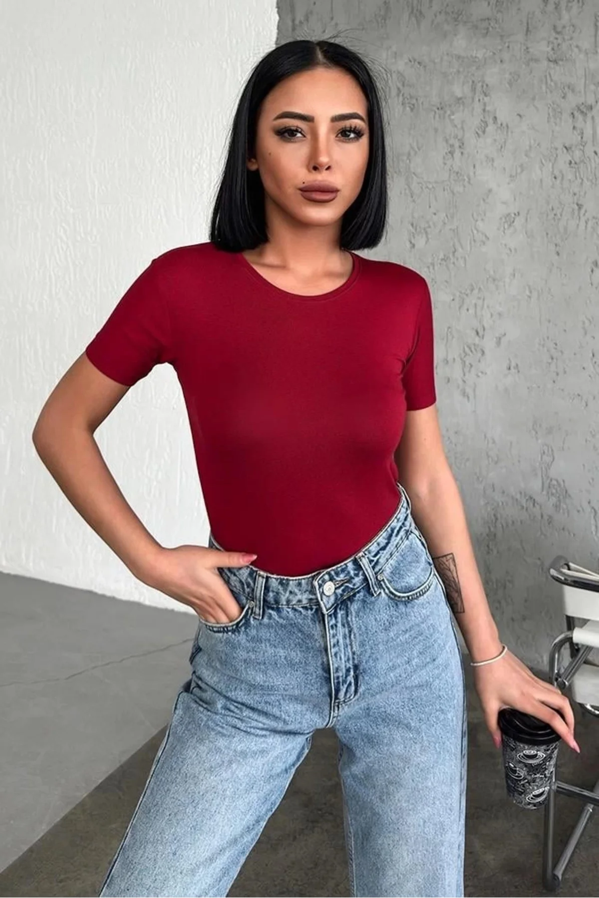 Rahat Ve Şık Kısa Kollu Bisiklet Yaka Likralı Viskon Penye Body B