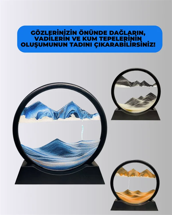 Rahatlatıcı Kum Sanatı – Yuvarlak Cam Çerçeveli Hareketli Kum Resmi, Ofis ve Ev İçin Etkileşimli Masaüstü Süs