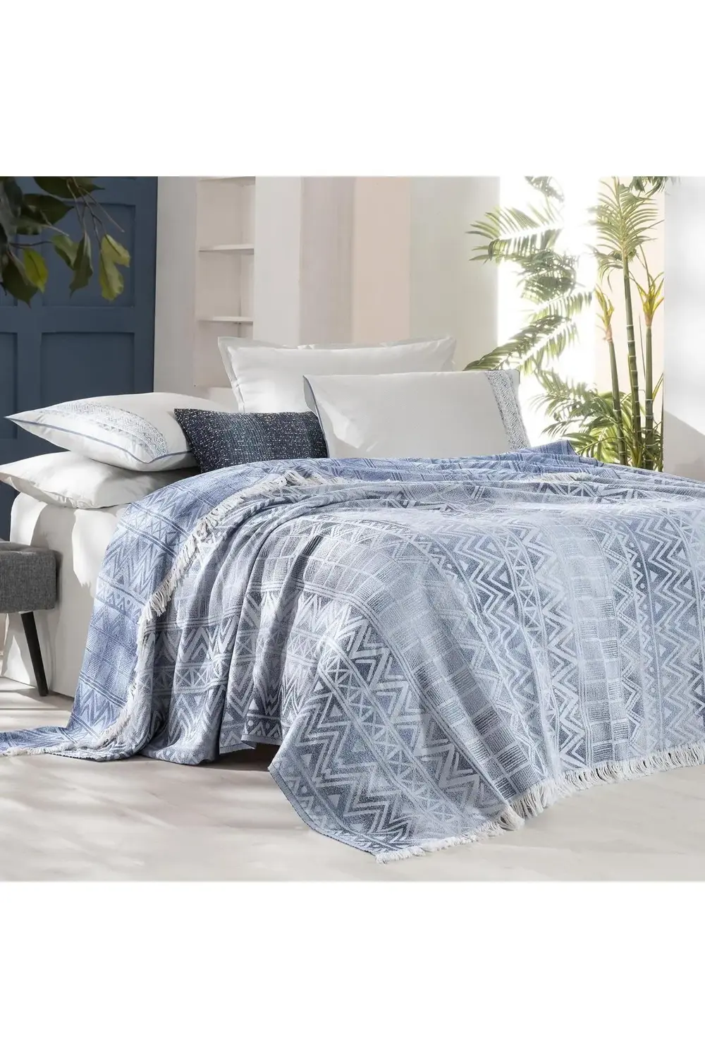 Sarev Raina Mavi Çift Kişilik %100 Pamuk İpliği Boyalı Pike Takımı