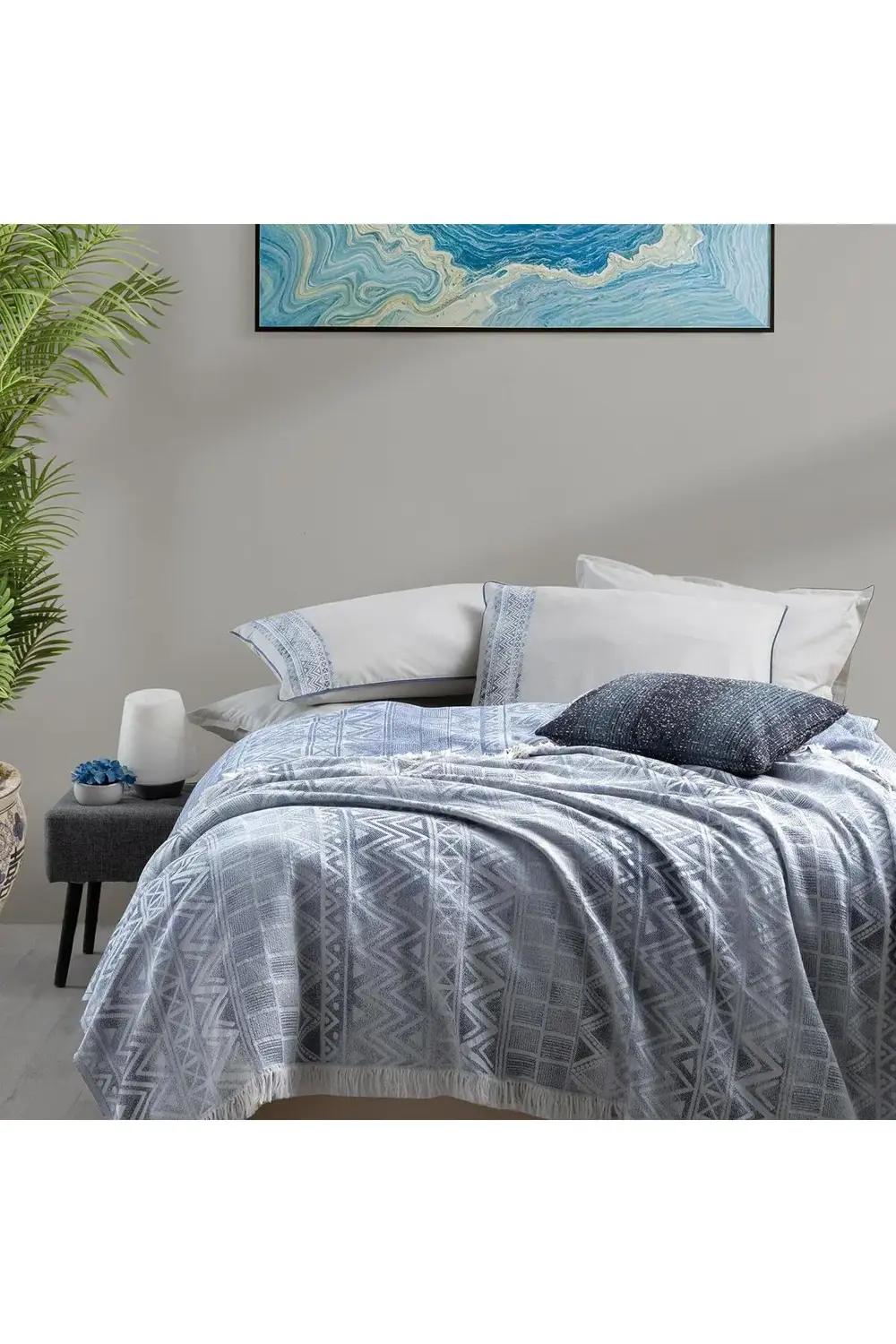 Sarev Raina Mavi Çift Kişilik %100 Pamuk İpliği Boyalı Pike Takımı