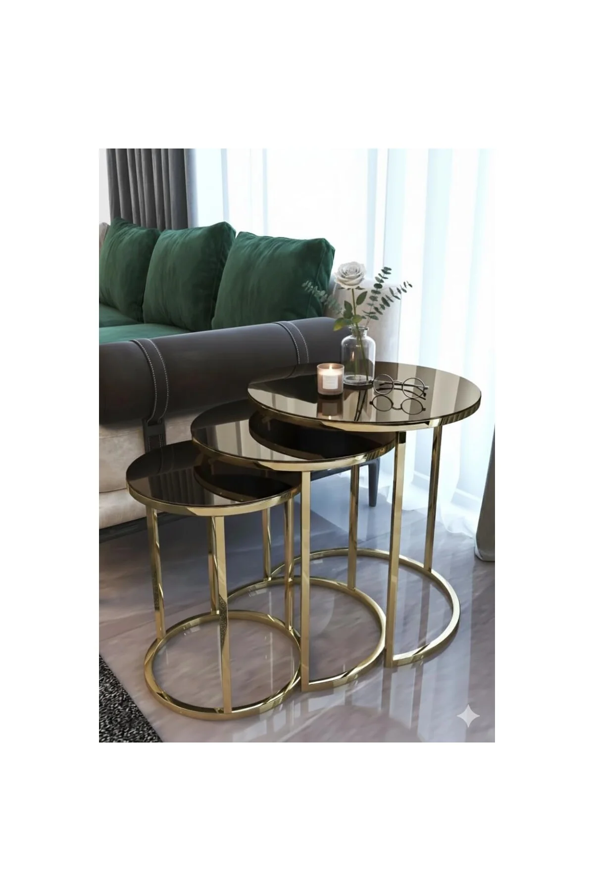 Raisu 3'lü Gold Metal Bronz Aynalı Ahşap Yuvarlak Zigon Sehpa Tak
