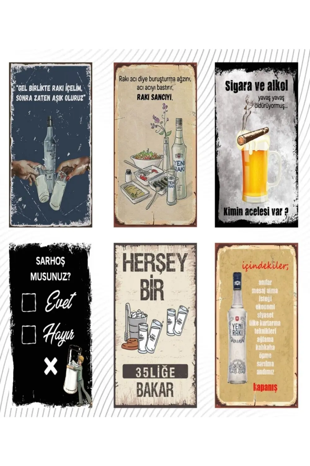 Rakı Ve Bira Temalı 6'lı Ahşap Duvar Poster Seti - Hbb Özel Seri