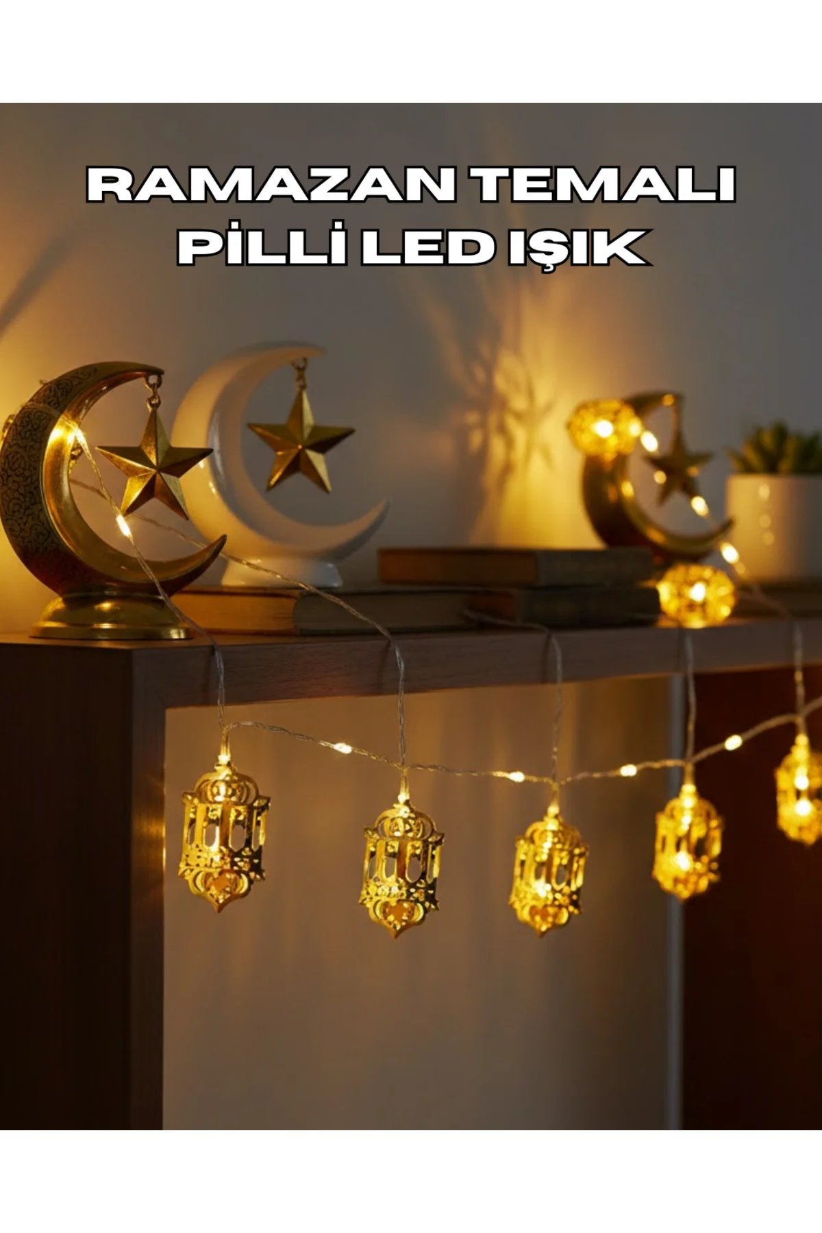 Ramazan Dekoru İçin Pilli LED Işık Altın Fener Tasarımlı