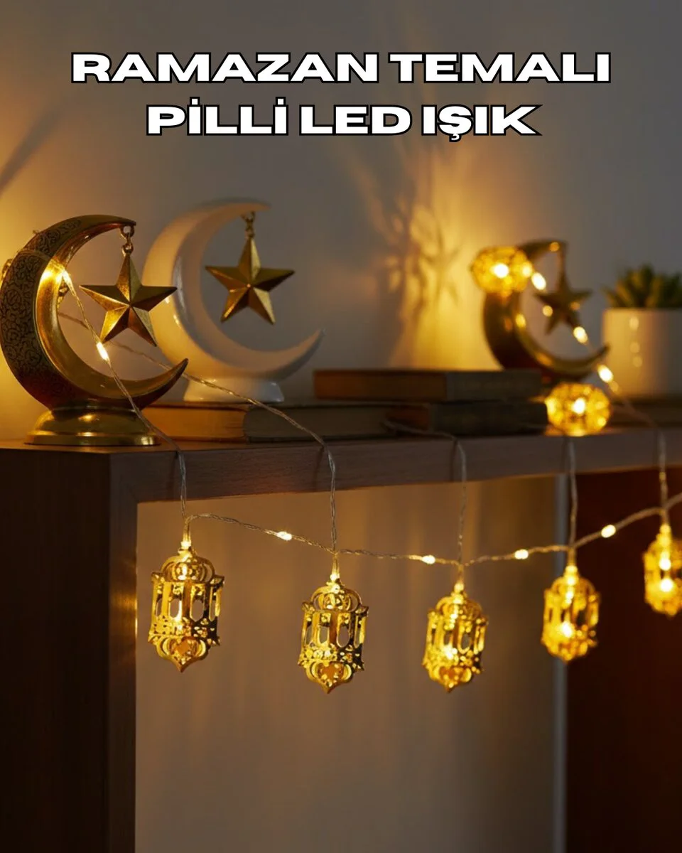 Ramazan Dekoru İçin Pilli LED Işık Altın Fener Tasarımlı - Evde Sıcak ve Manevi Atmosfer