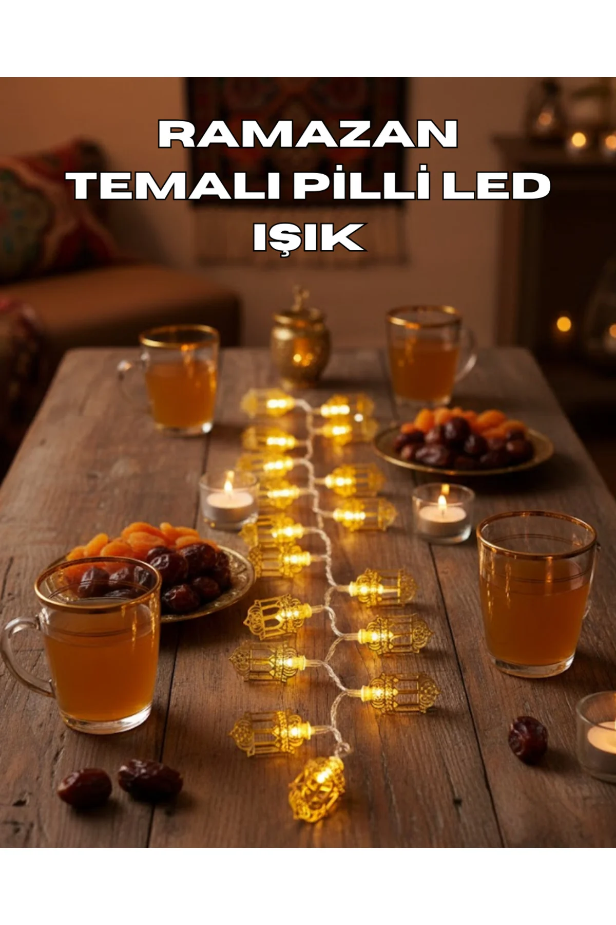 Ramazan Işıkları Pilli Altın Fener Tasarımlı Dekoratif LED Aydınlatma