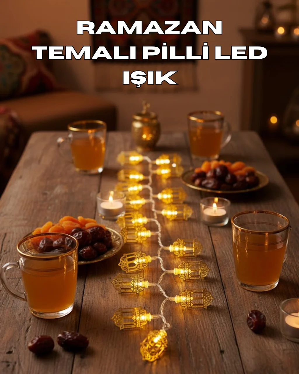 Ramazan Işıkları Pilli Altın Fener Tasarımlı Dekoratif Led Aydınlatma - Lisinya Diğer