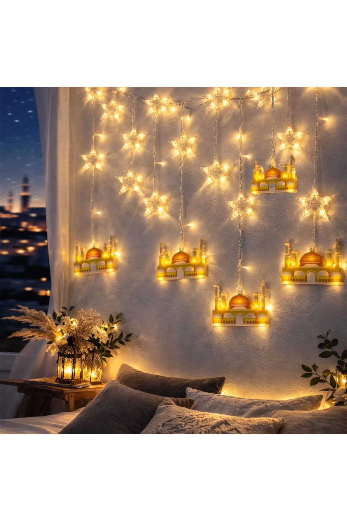 Ramazan LED Perde Lamba 3m (Fişli, Eklemeli) - Sarı Cami ve Yıldız Ramazan LED Perde Lamba 3m (Fişli, Eklemeli) - Sarı Cami ve Yıldız