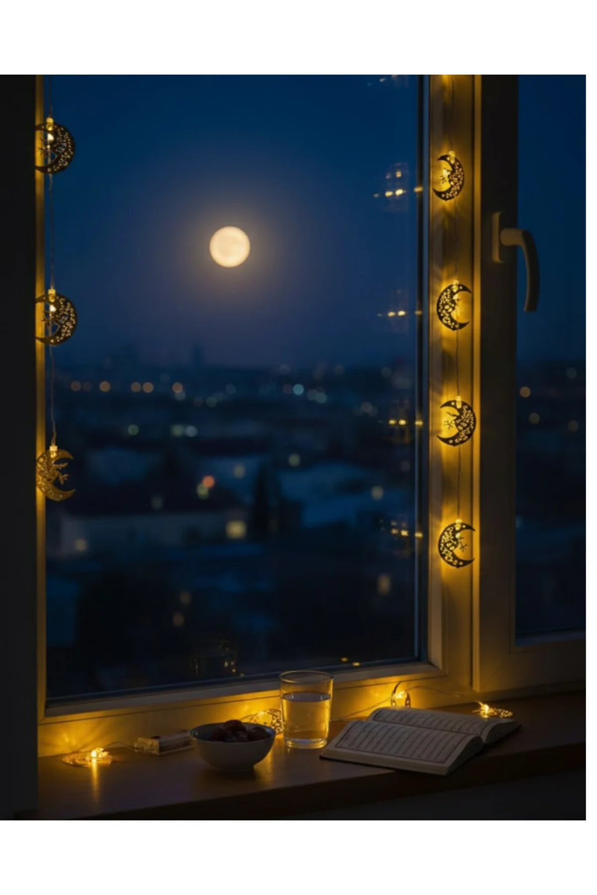 Ramazan Minare Detaylı Hilal Led Işık Günışığı Sarı Metal Süs