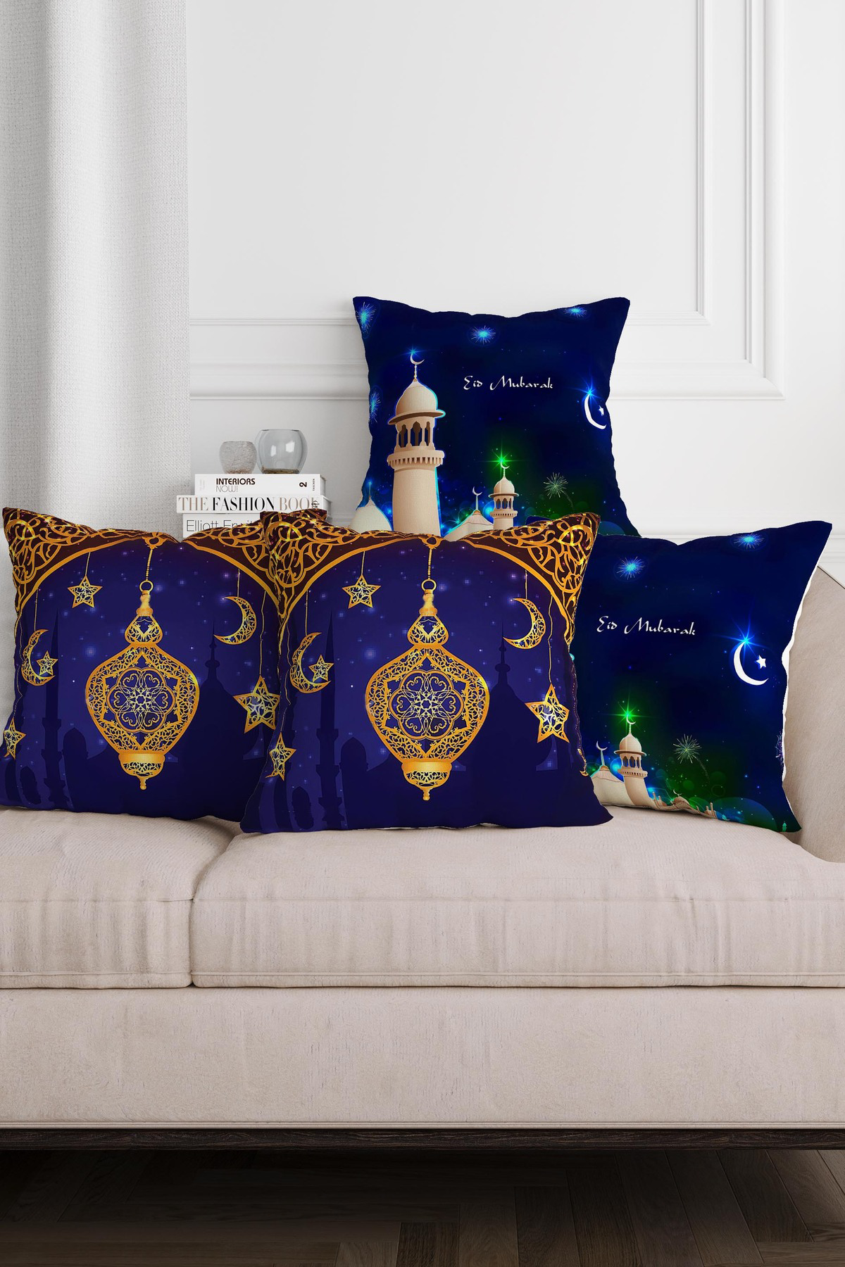 Sakallı Ramazan Temalı Mavi Renk Dijital Baskılı Hilal Desen 4Lü Kırlent