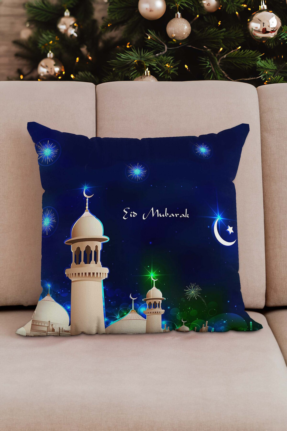 Sakallı Ramazan Temalı Mavi Renk Dijital Baskılı Hilal Desen 4Lü Kırlent