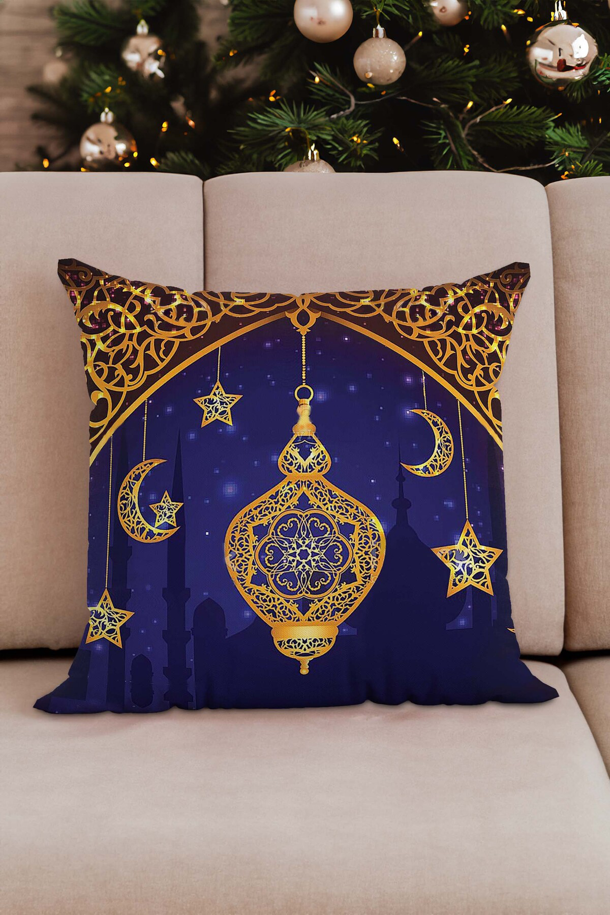 Sakallı Ramazan Temalı Mavi Renk Dijital Baskılı Hilal Desen 4Lü Kırlent