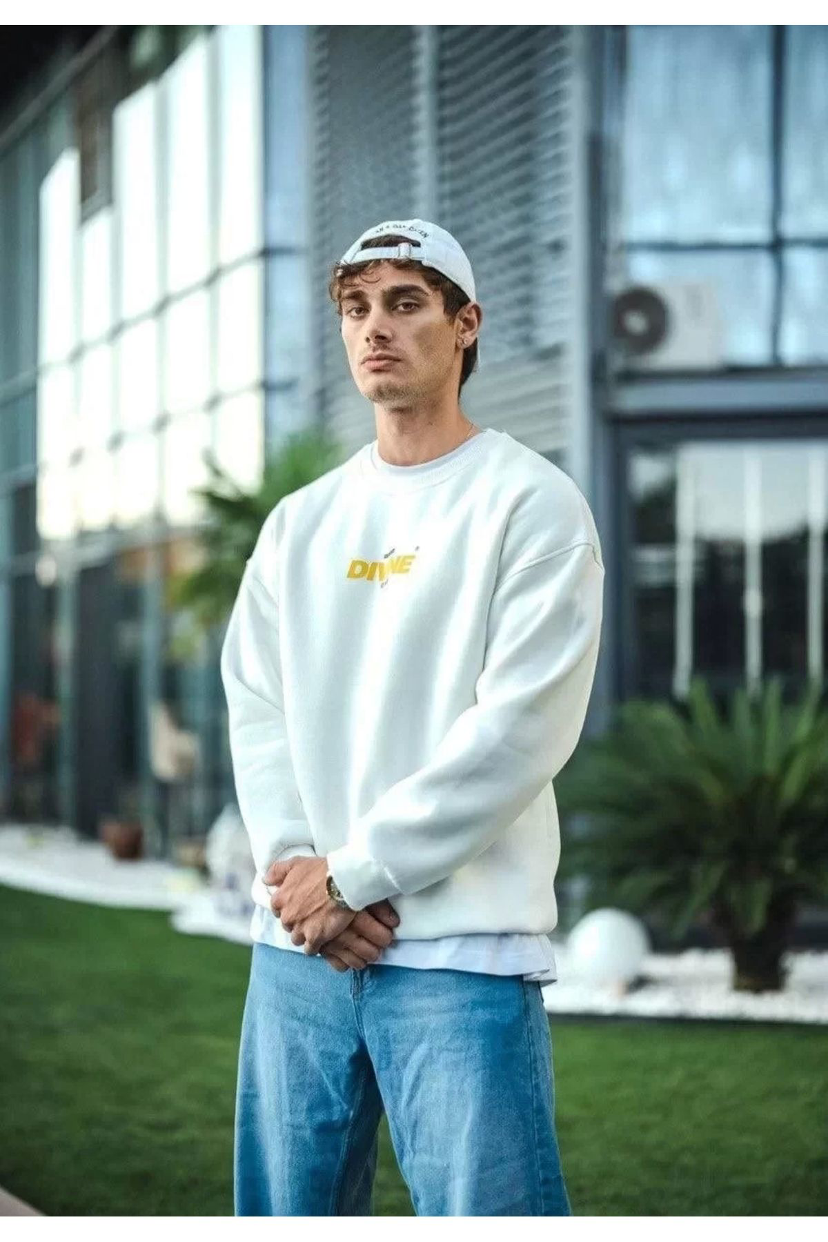 RAMIMSE Kışlık Bisiklet Yaka Baskılı SweatShirt - Beyaz