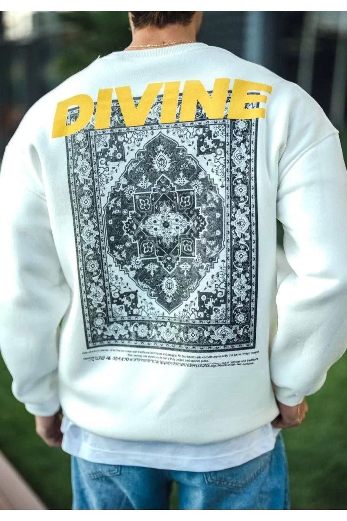RAMIMSE Kışlık Bisiklet Yaka Baskılı SweatShirt - Beyaz
