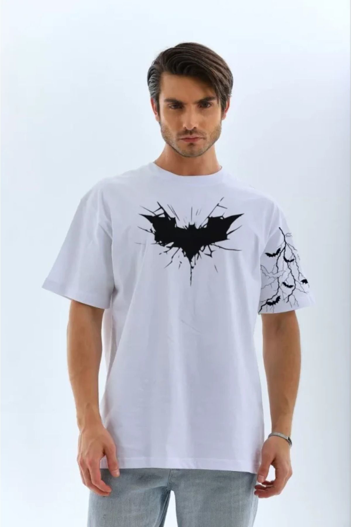 RAMIMSE Unisex Ön Ve Kol Baskılı Oversize T-shirt - Beyaz
