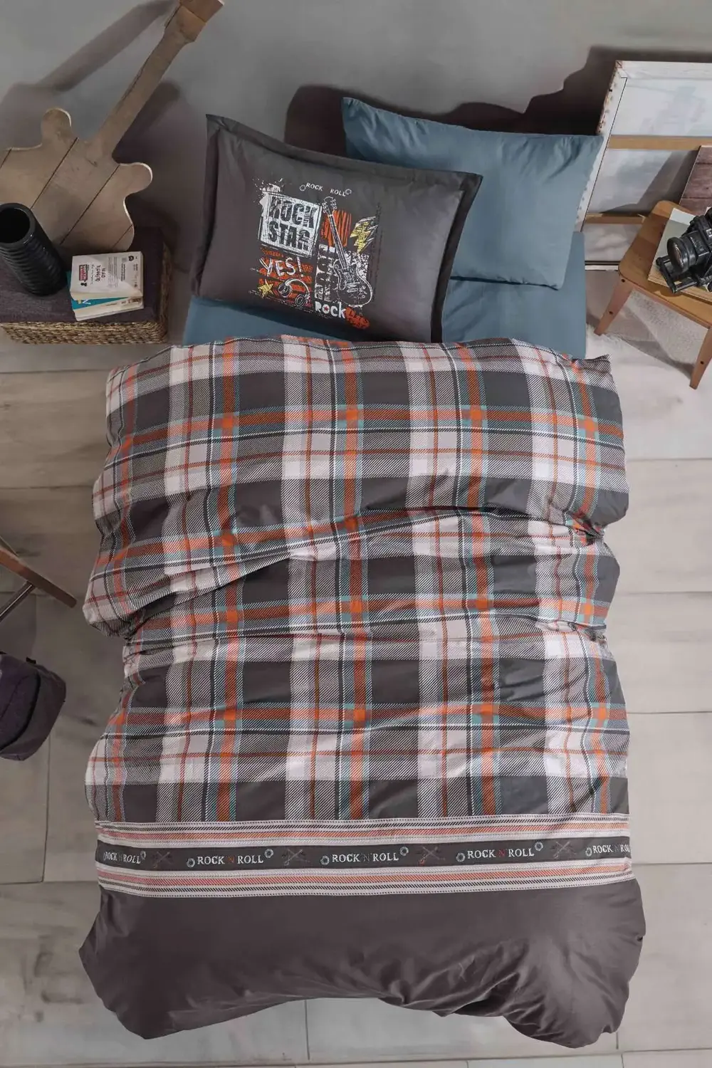 Clasy Ranforce %100 Pamuk Tek Kişilik Nevresim Takımı Rock İnroll Gri