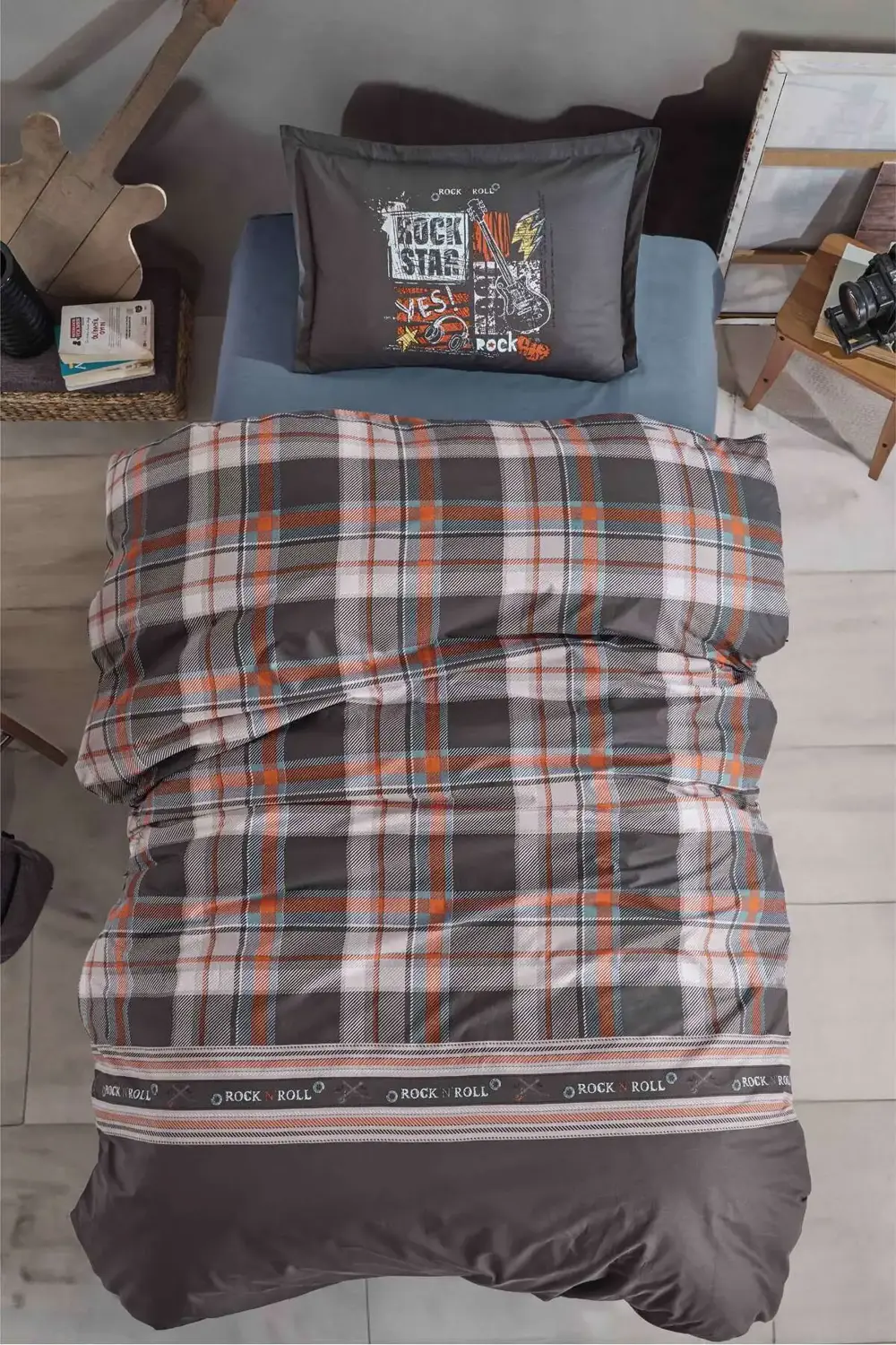 Clasy Ranforce %100 Pamuk Tek Kişilik Nevresim Takımı Rock İnroll Gri