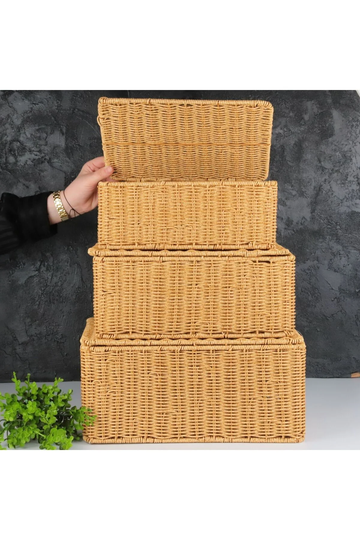 Rattan 3'lü Kapaklı Sepet Rattan 3'lü Kapaklı Sepet