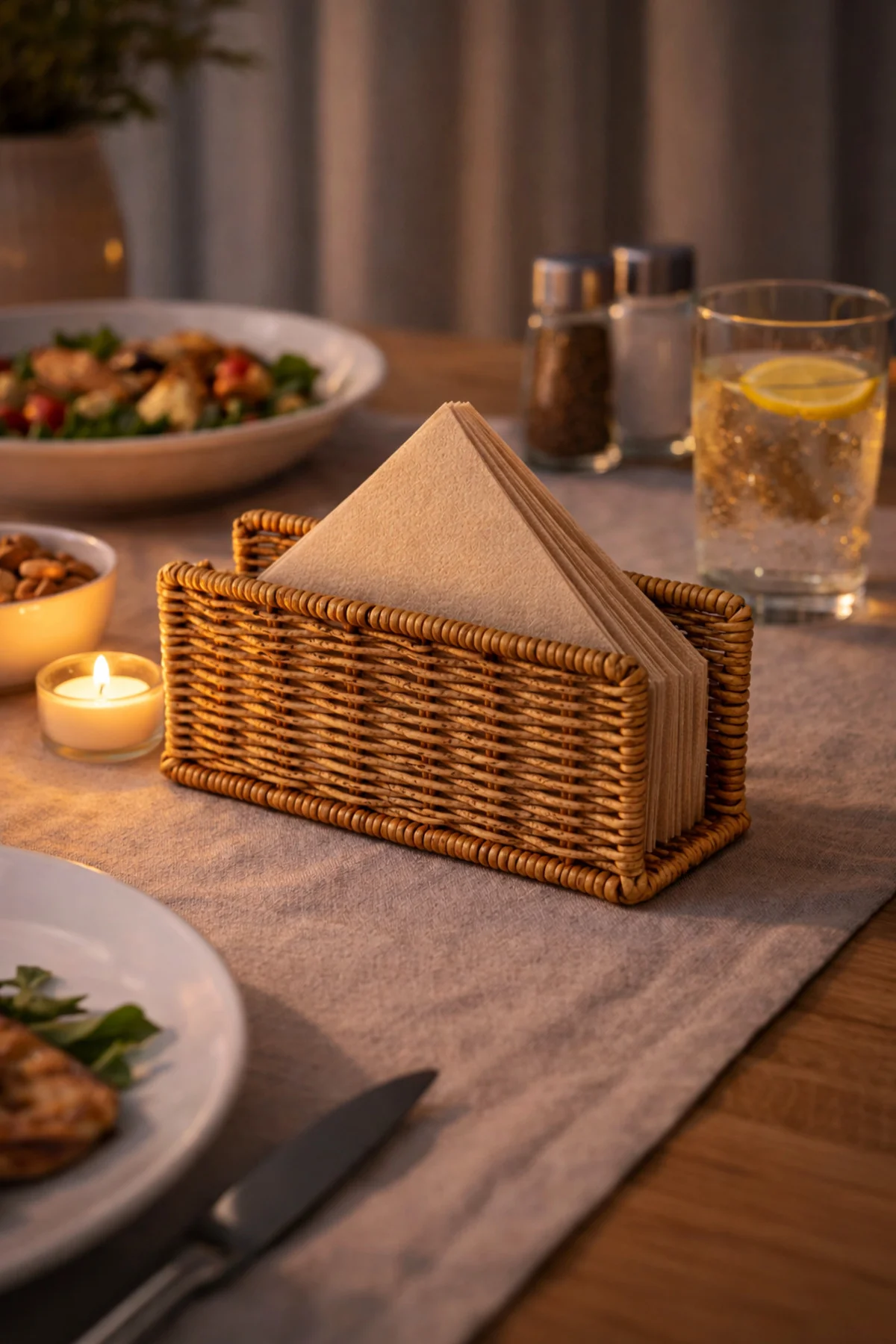 Rattan Hasır Dikey Peçetelik 2’li Set 14x5.5x8.5 cm – Dekoratif Masa Üstü Peçete Standı