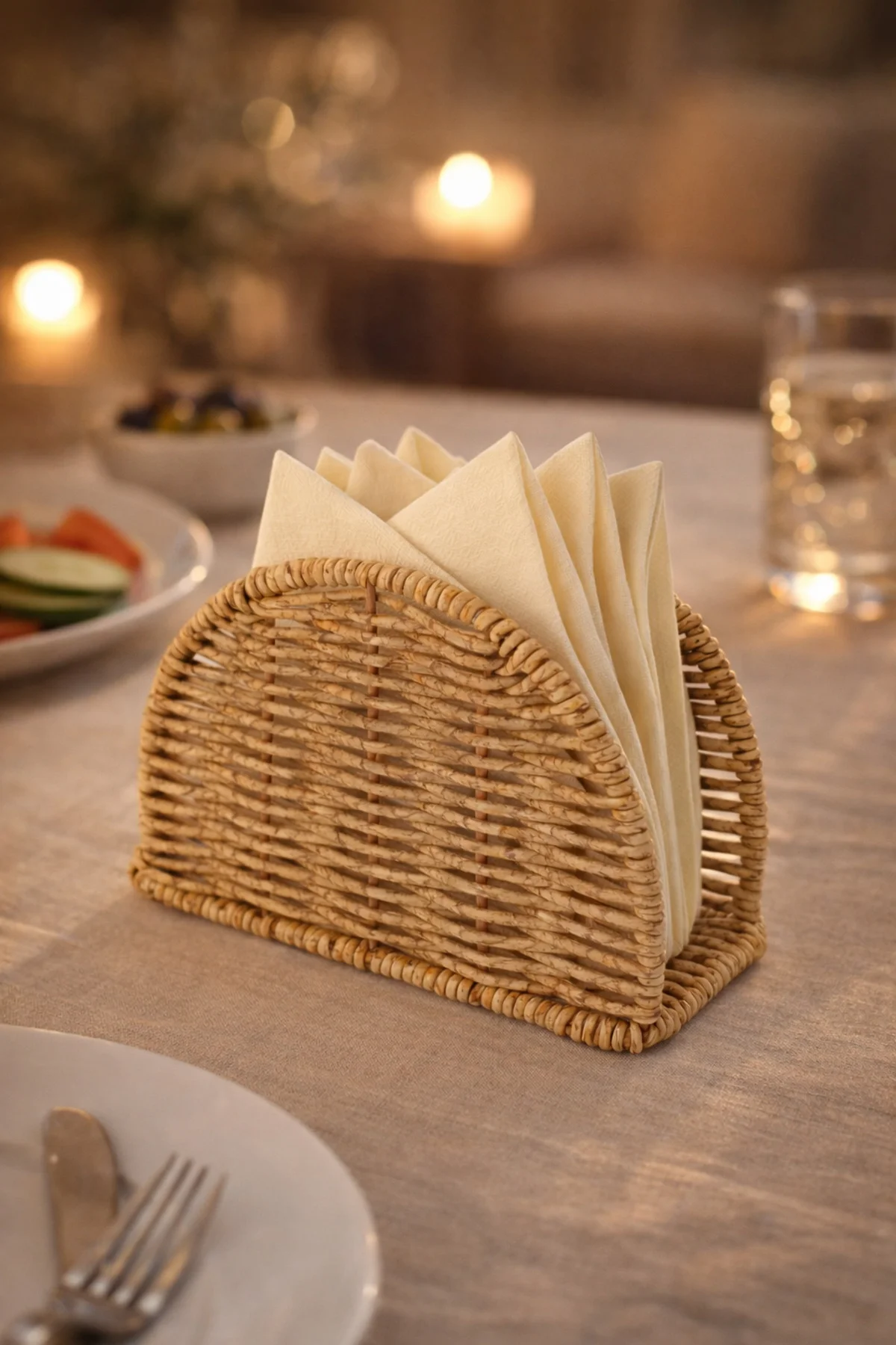 Rattan Hasır Oval Peçetelik 4’lü Set 14x5.5x10 cm – Dekoratif Masa Üstü Peçete Standı