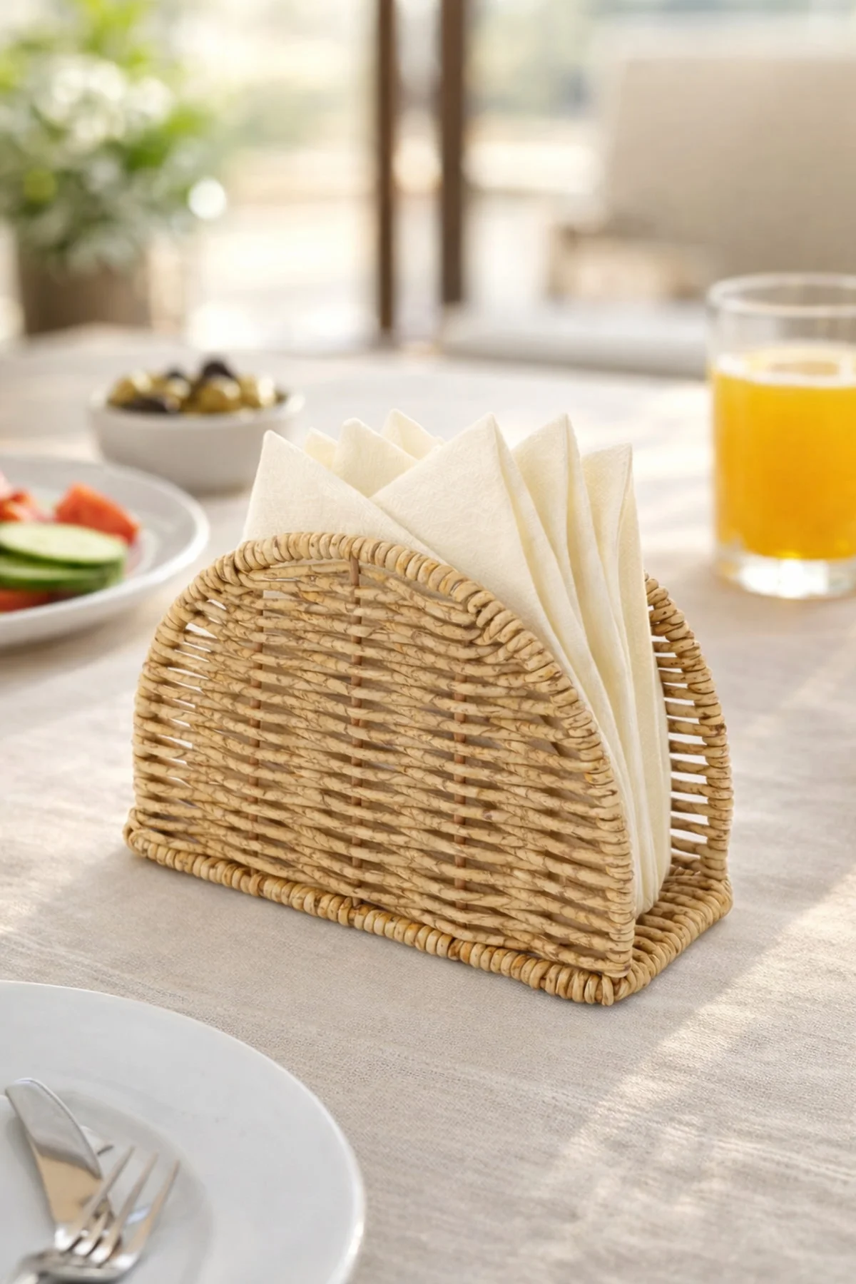 Rattan Hasır Oval Peçetelik 4’lü Set 14x5.5x10 cm – Dekoratif Masa Üstü Peçete Standı