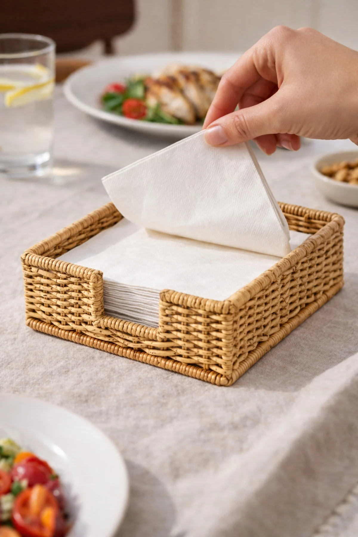 Rattan Hasır Peçetelik 4’lü Set 17.5x17.5x6.5 cm – Standart Peçete Uyumlu Dekoratif Sunumluk