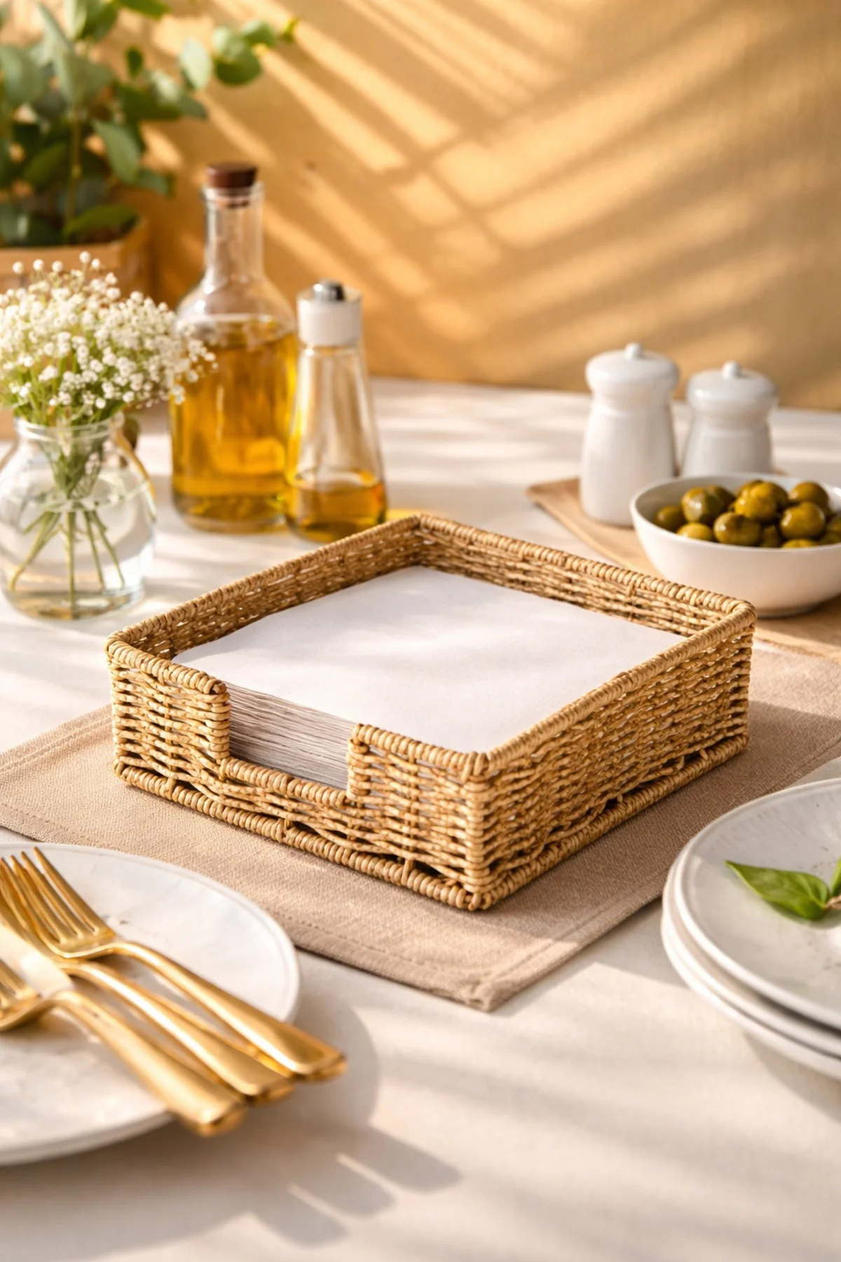 Rattan Hasır Peçetelik 4’lü Set 17.5x17.5x6.5 cm – Standart Peçete Uyumlu Dekoratif Sunumluk