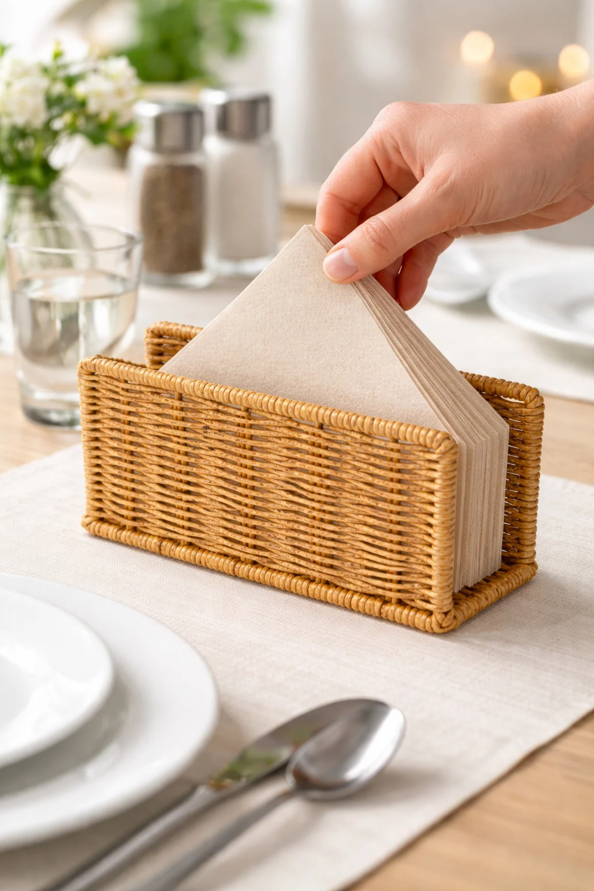 Rattan Hasır Peçetelik 4’lü Set 14x5.5x8.5 cm – Şık Dikey Masa Sunum Standı