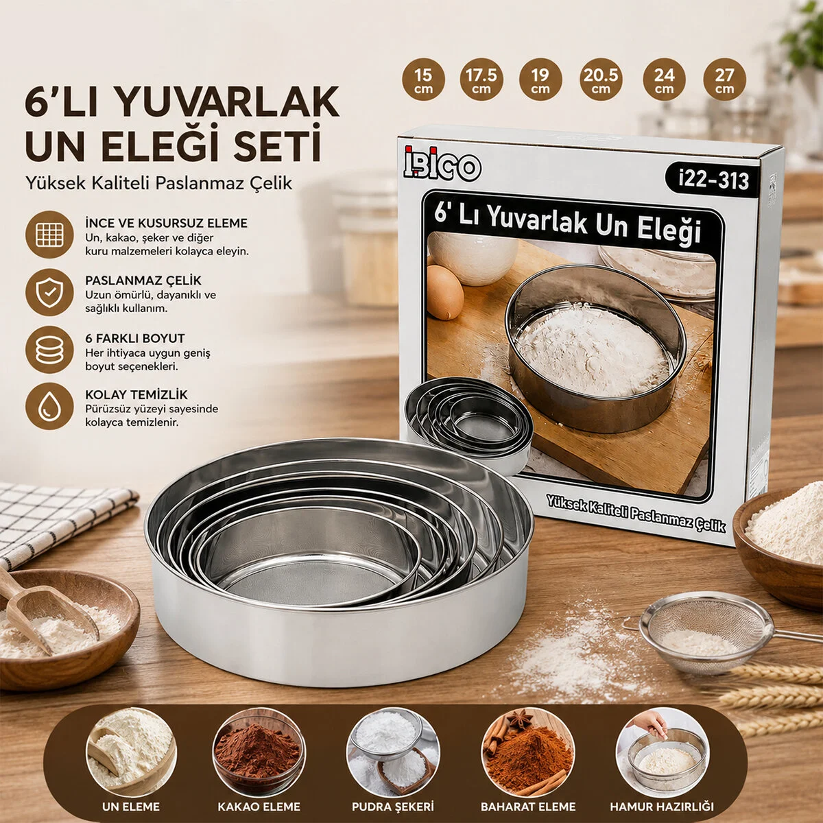 Raund Strainer 6PCS Metal Un Elek Seti 15-17.5-19-20.5-24-27CM Fiyatı, Yorumları ve Özellikleri
