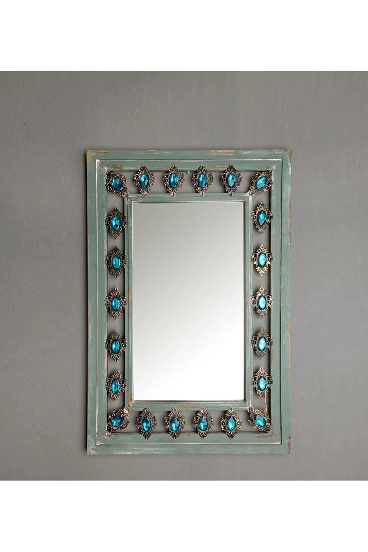 Raw Metal Mavi Kristalli Ahşap Retro Ayna 92x55cm