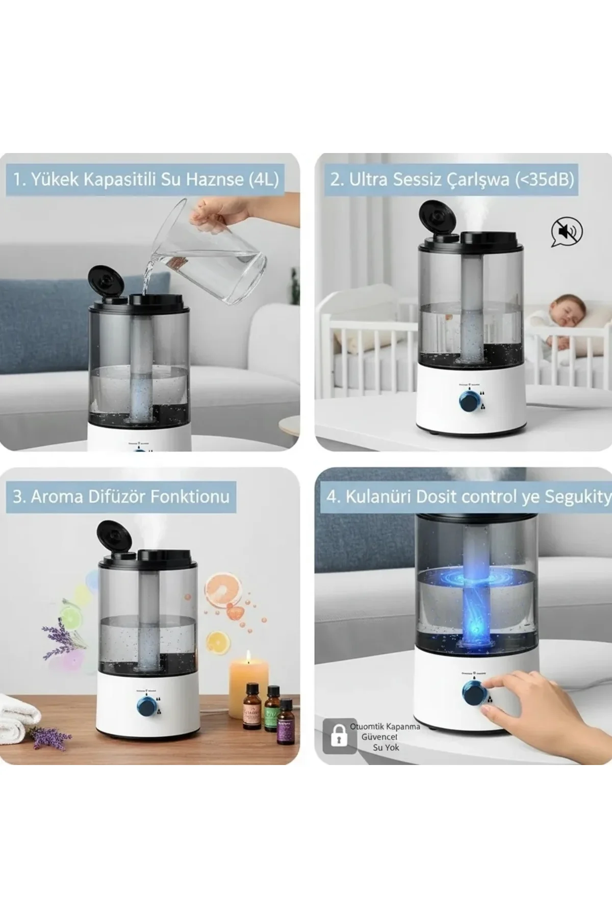 RBH-04 Ultrasonik Hava Nemlendirici 4 Litre Buhar Makinesi Aroma Difüzörü - Otomatik Kapanma RBH-04 Ultrasonik Hava Nemlendirici 4 Litre Buhar Makinesi Aroma Difüzörü - Otomatik Kapanma