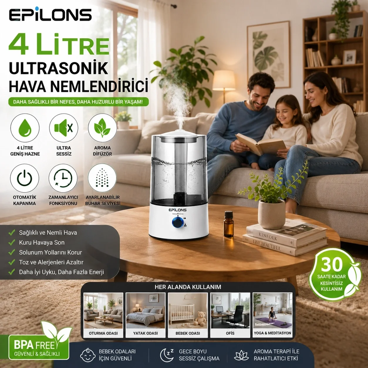 RBH-04 Ultrasonik Hava Nemlendirici 4 Litre Buhar Makinesi Aroma Difüzörü - Otomatik Kapanma