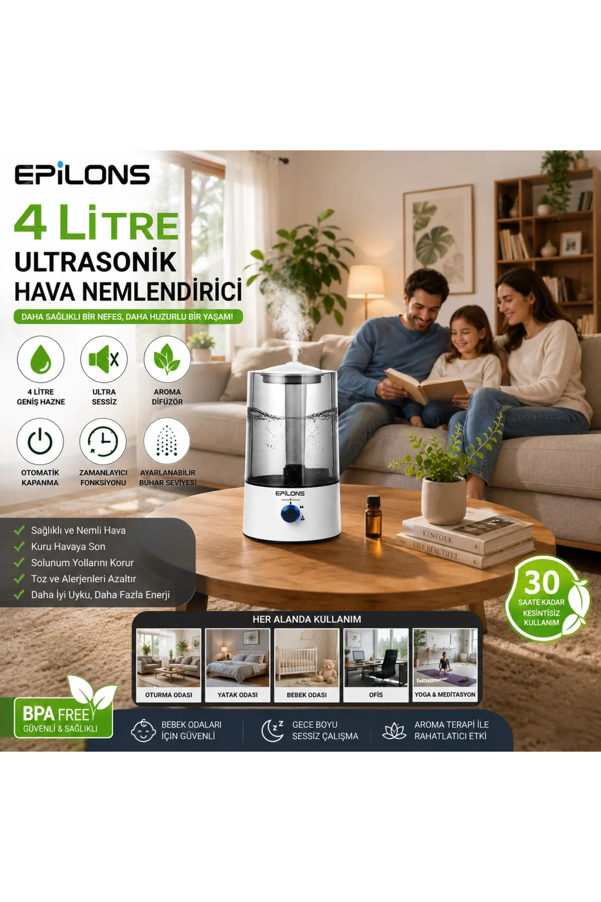 Rbh-04 Ultrasonik Hava Nemlendirici 4 Litre Buhar Makinesi Aroma Difüzörü - Otomatik Kapanma