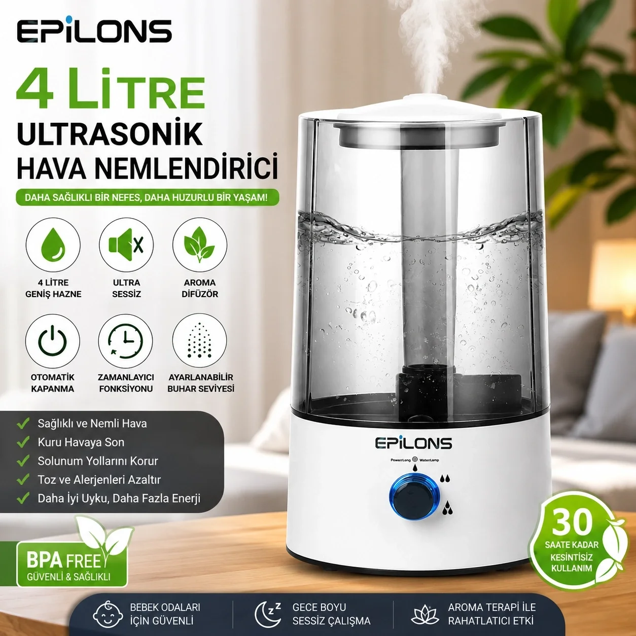 RBH-04 Ultrasonik Hava Nemlendirici 4 Litre Buhar Makinesi Aroma Difüzörü - Otomatik Kapanma
