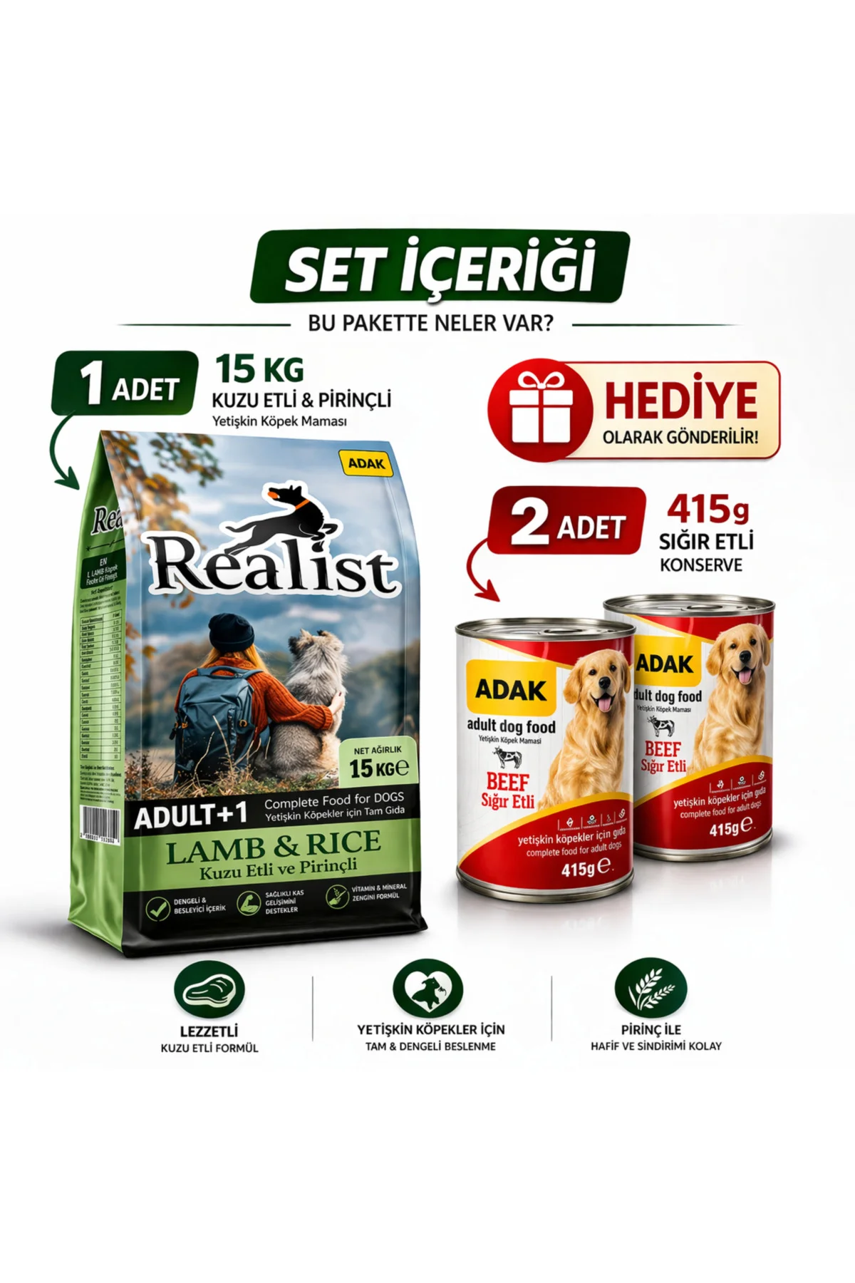 Realist Kuzu Etli Pirinçli Yetişkin Köpek Maması 15 KG + 2 Adet A