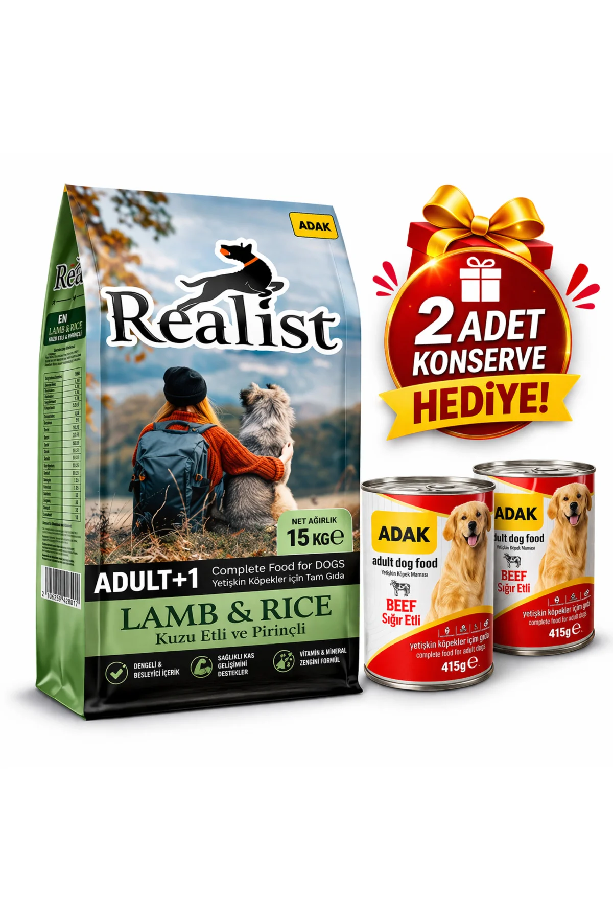 Realist Kuzu Etli Pirinçli Yetişkin Köpek Maması 15 KG + 2 Adet A