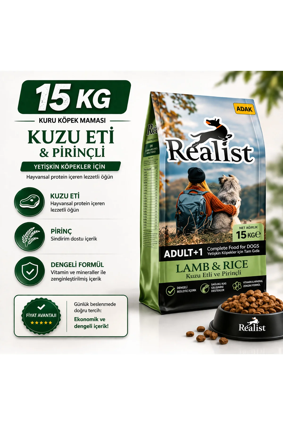 Realist Kuzu Etli Pirinçli Yetişkin Köpek Maması 15 KG + 2 Adet A