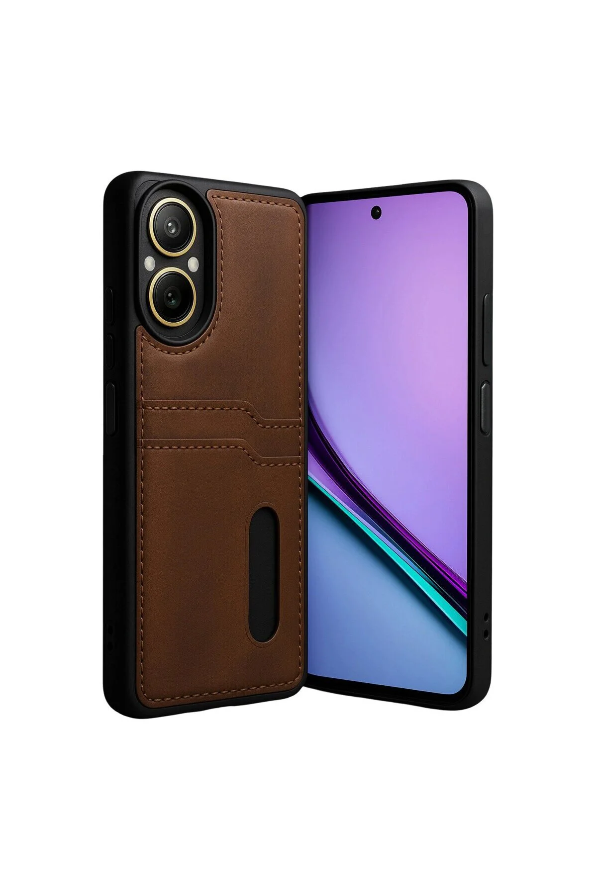 Realme 12 Lite Kılıf Sara Kartvizitli Deri Kılıf - Taba