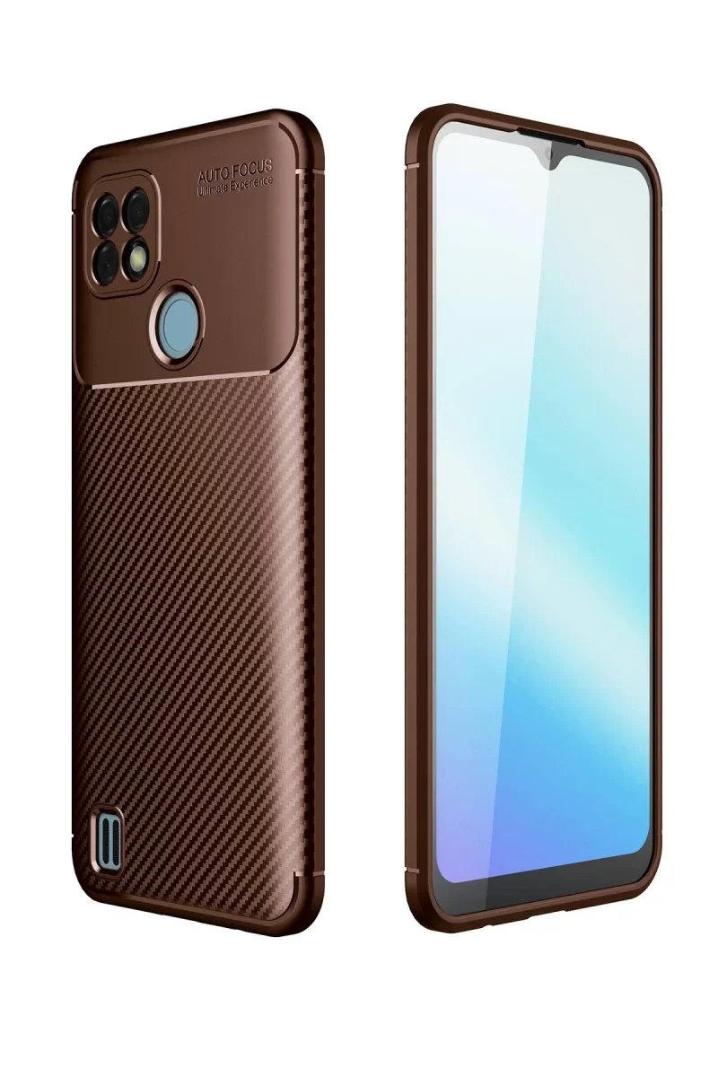 Realme C21 Kılıf Auto Focus Karbon Kapak - Kahverengi