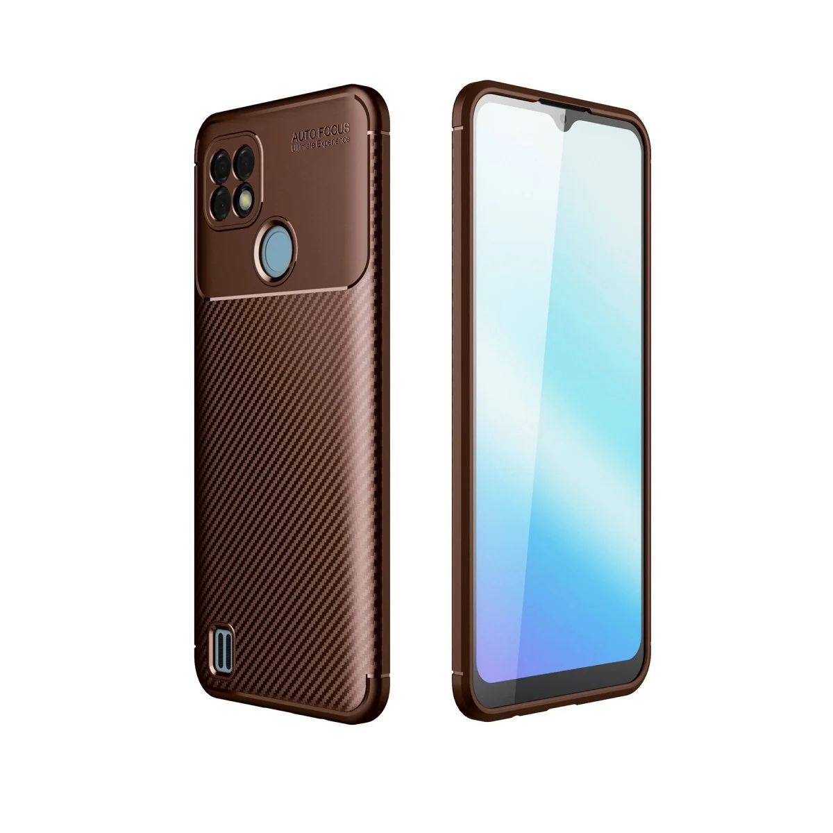 Realme C21 Kılıf Auto Focus Karbon Kapak - Kahverengi Realme C21 Kılıf Auto Focus Karbon Kapak - Kahverengi