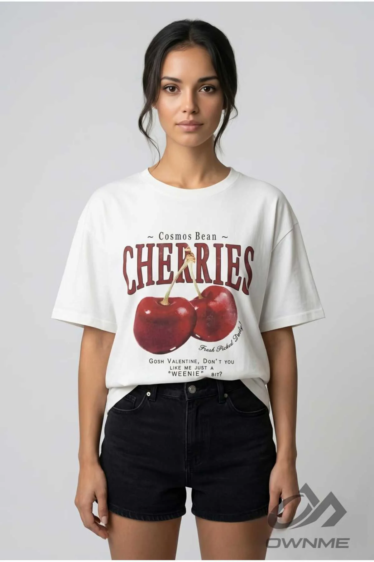 Red Cherries Baskılı Oversize Model Unisex Beyaz Tshirt