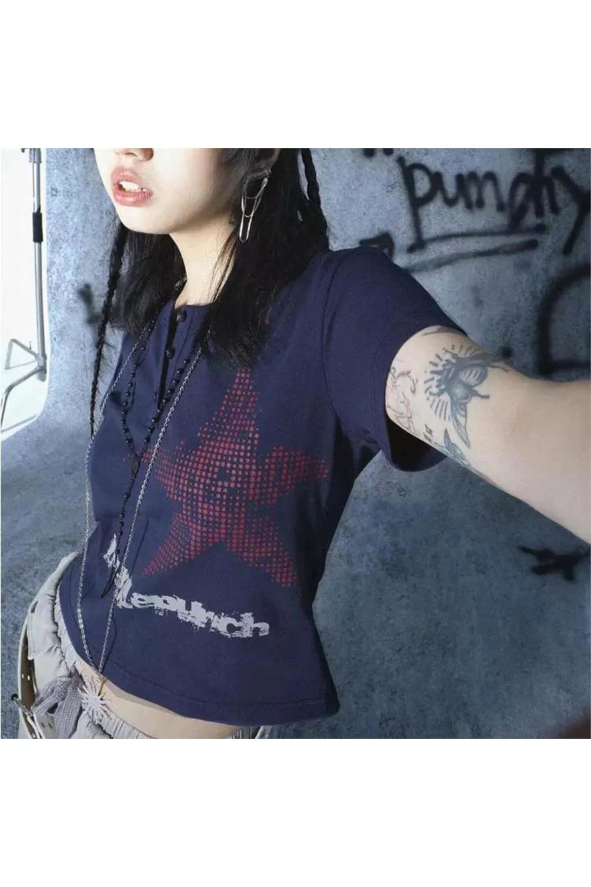 Red Harajuku Star Punch Lacivert Y2K Kısa Kollu Crop