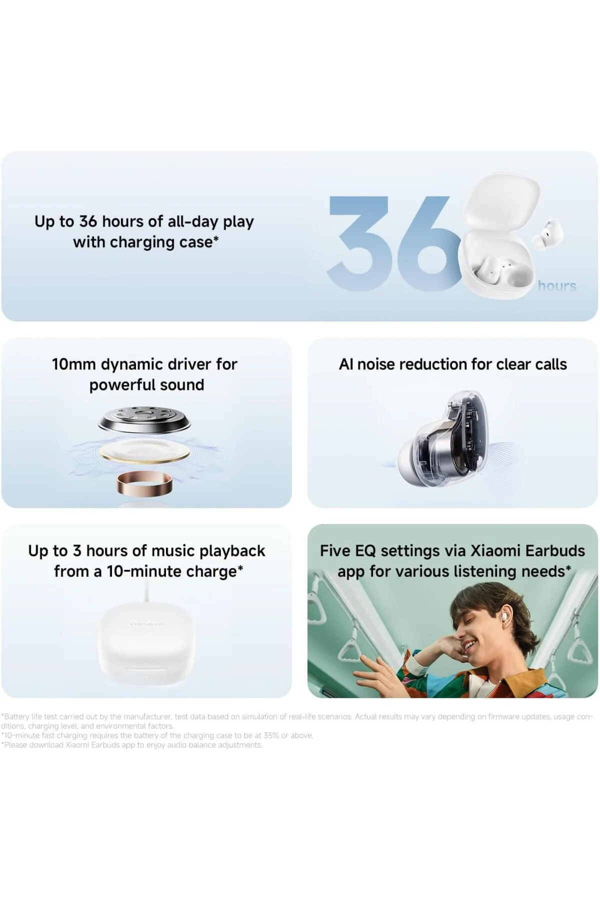 Redmi Buds 6 Play kulak içi kulaklık, 36 saat pil ömrü, 10 mm dinamik sürücü, 4 EQ