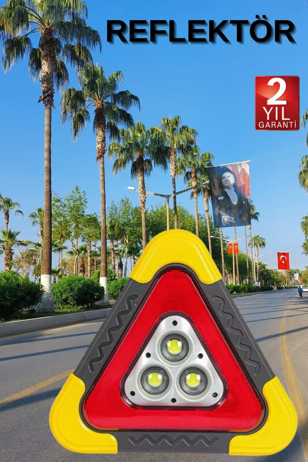 Reflektör Güneş Panelli Solarlı Şarjlı Üçgen Işıklı Trafik Reflek