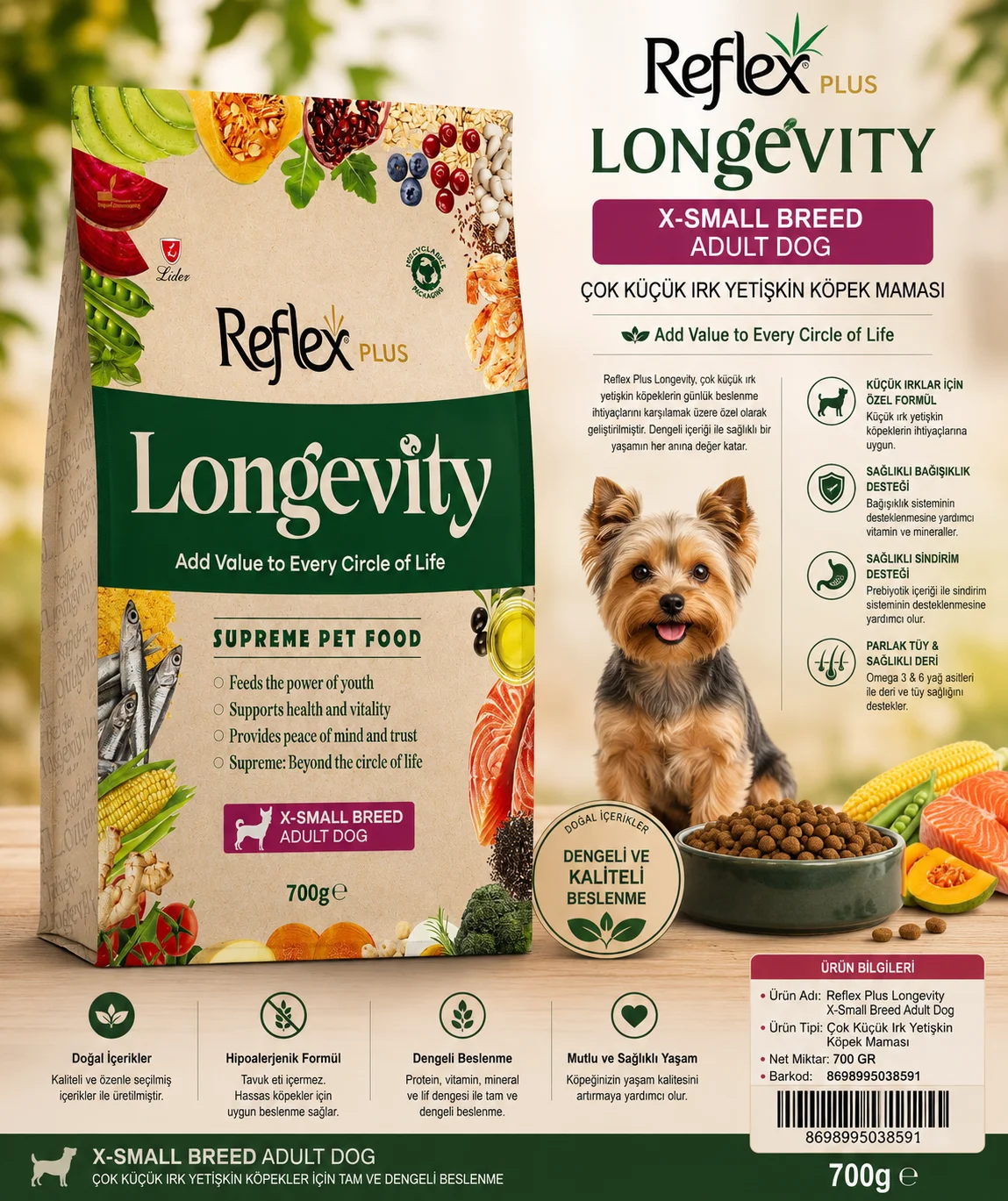 Reflex Plus Longevity Hipoalerjenik Çok Küçük Irk Yetişkin Köpek Maması 700gr Fiyatı, Yorumları ve Özellikleri