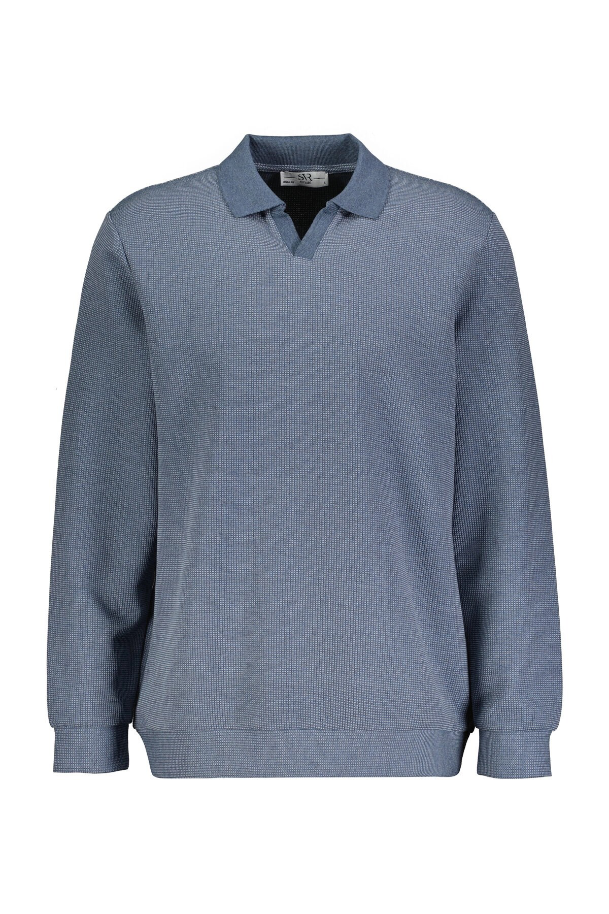 Regular Fit Polo Yaka V Patlı Düğmesiz Armürlü Gri Sweatshirt