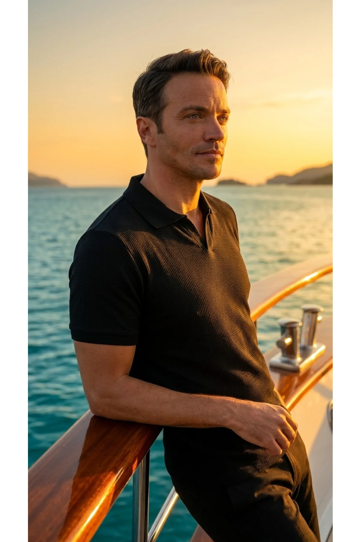 Regular Waffle Kumaş V Patlı Polo Yaka Nefes Alabilen Siyah T-shirt Regular Waffle Kumaş V Patlı Polo Yaka Nefes Alabilen Siyah T-shirt