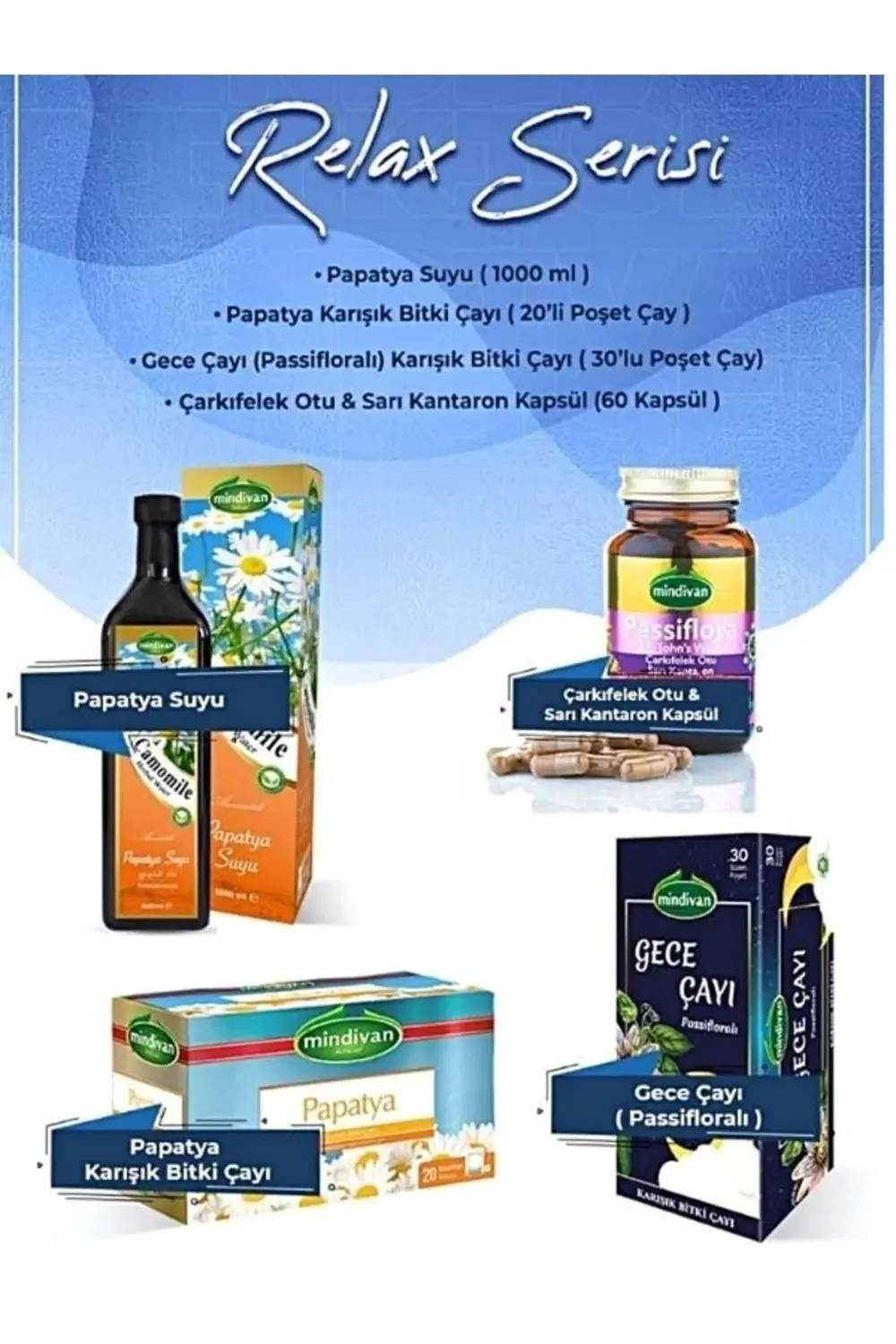 Mindivan Relax Seri Papatya Suyu Ve Çayı, Passiflora Kapsül, Gece Çayı