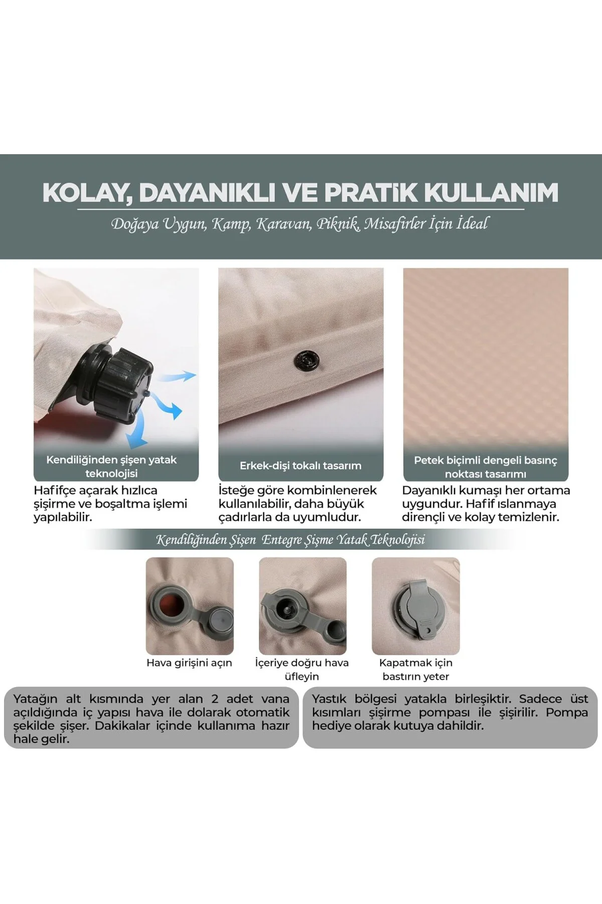 RELAXUS Çift Kişilik Kendiliğinden Şişen Kamp Yatağı – Entegre Ya