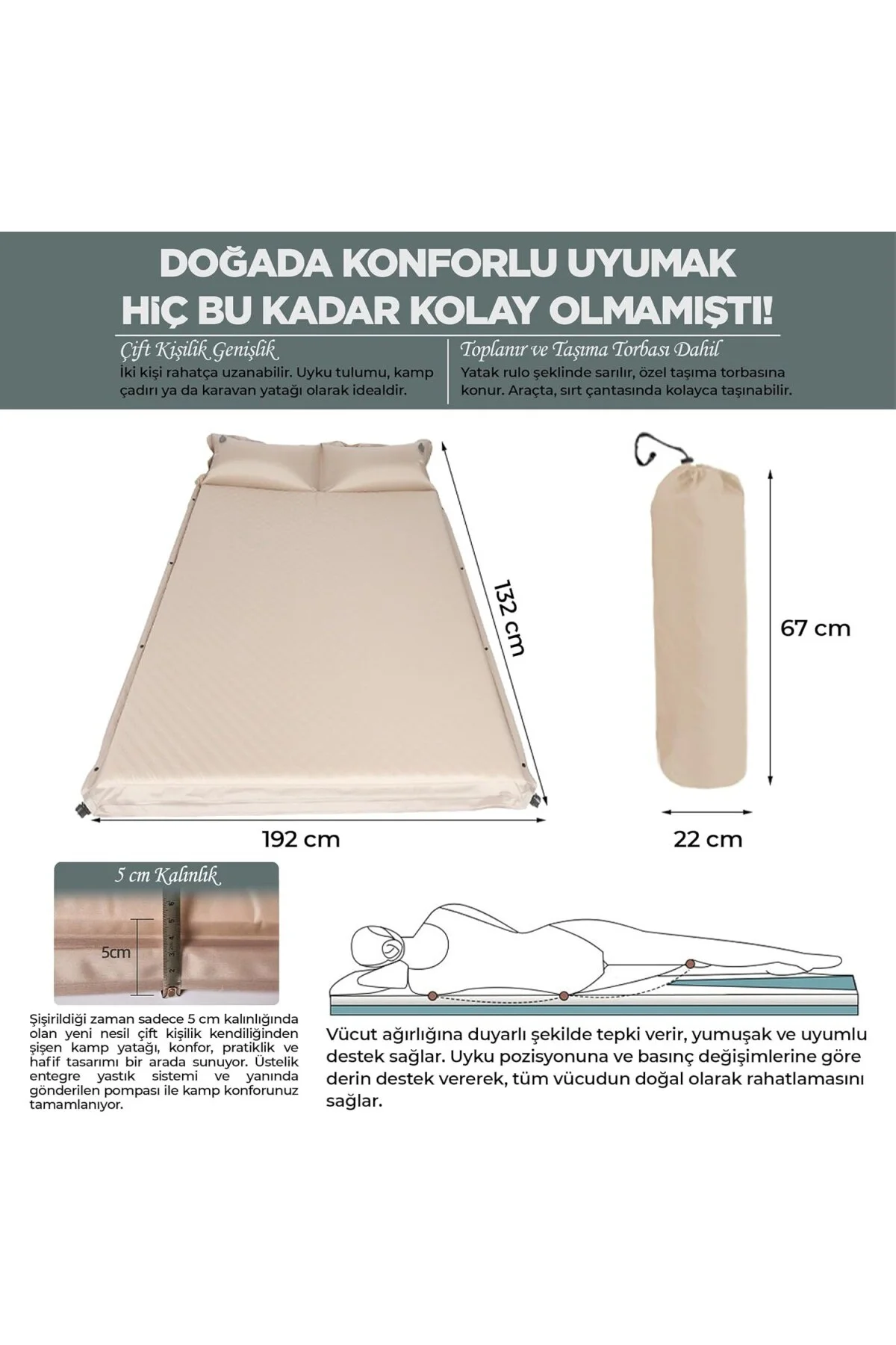 RELAXUS Çift Kişilik Kendiliğinden Şişen Kamp Yatağı – Entegre Ya